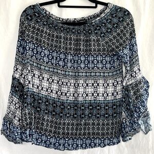 ⭐️ New Directions blue patterns big open bell sleeves off the shoulder blouse S